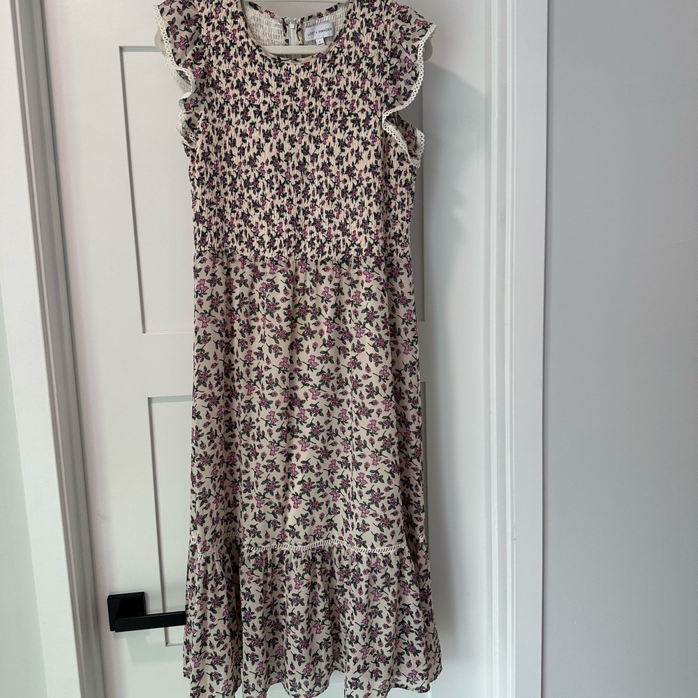 Lost + Wander Floral Midi Dress in Cream and Pink
